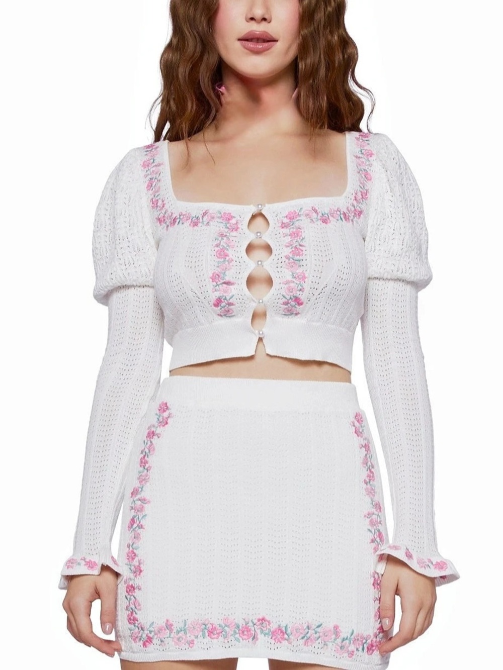 Sugar Thrillz Crown Jewel Floral Embroidered Knit Top White Size L